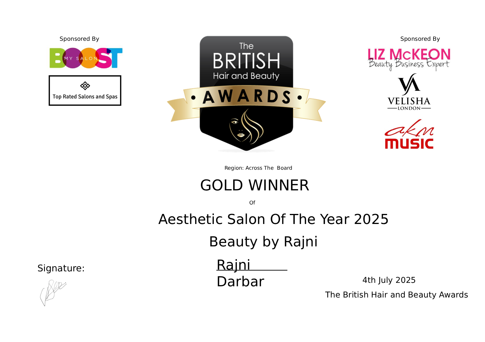 British Hair & Beauty Awards - Gold Winner