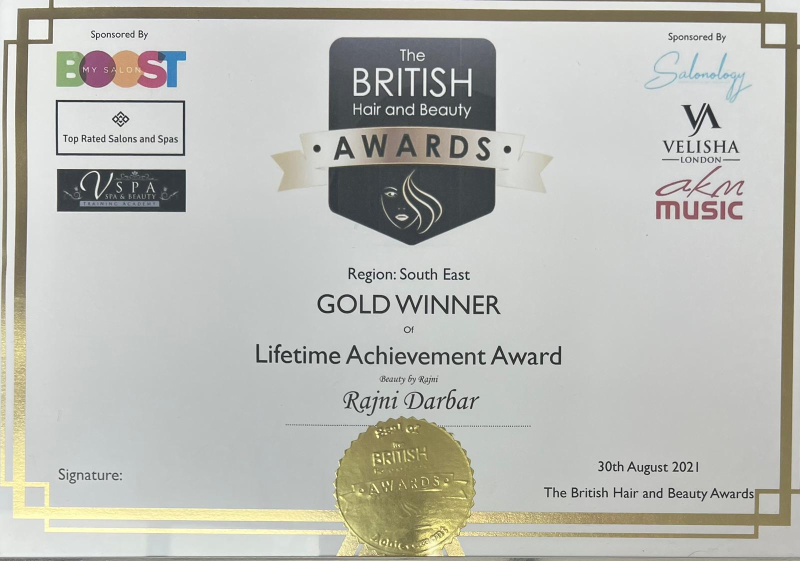 British Hair & Beauty Lifetime Achievement Gold 2021