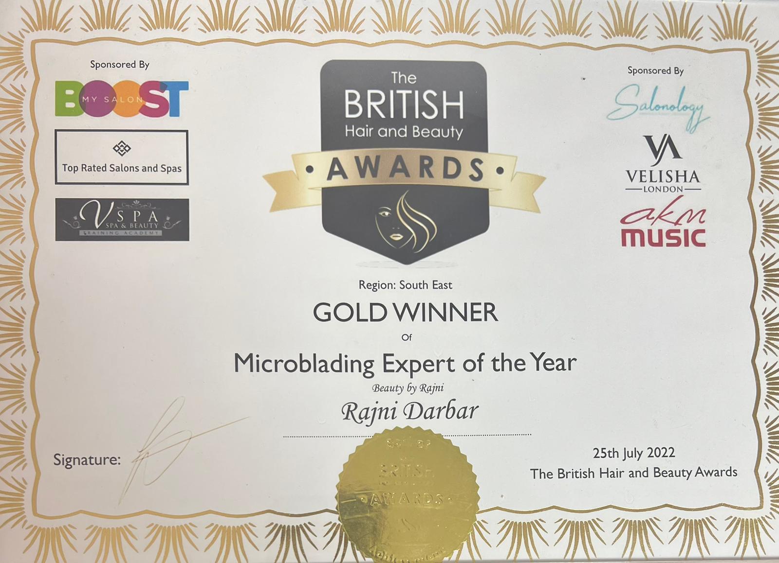 British Hair & Beauty Microblading Expert of the Year 2022